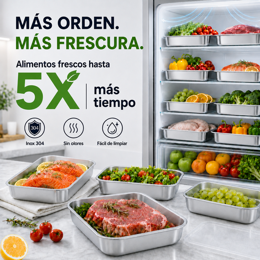 Contenedor de acero inoxidable 304 – Nevera sin malos olores, comida fresca toda la semana.