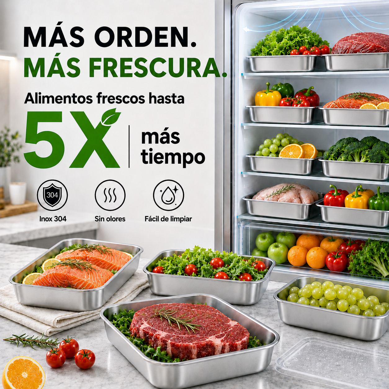 Contenedor de acero inoxidable 304 – Nevera sin malos olores, comida fresca toda la semana.