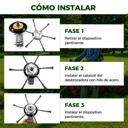 Cabezal de Desbrozadora con 6 Brazos Trenzados de Hilo de Acero Resistente