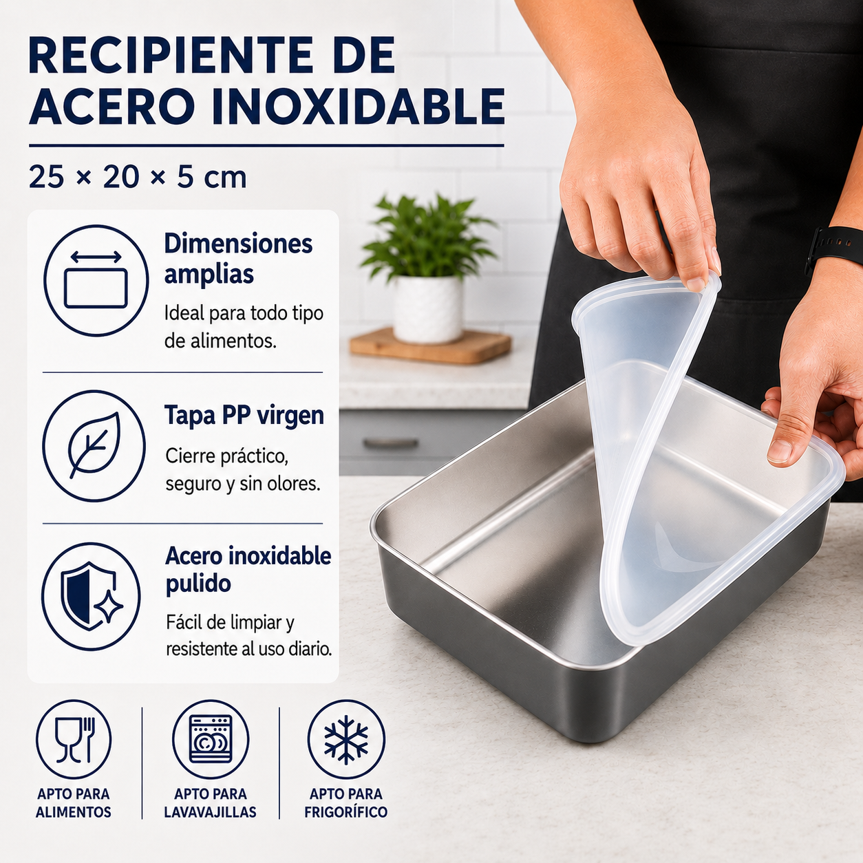 Contenedores de acero inoxidable SUS304 | Alimentos frescos por más tiempo (25x20x5cm)