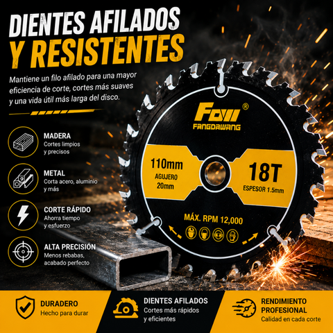 Disco de corte de aleación multifuncional 18T de 110 mm – corta madera, metal, PVC y aluminio