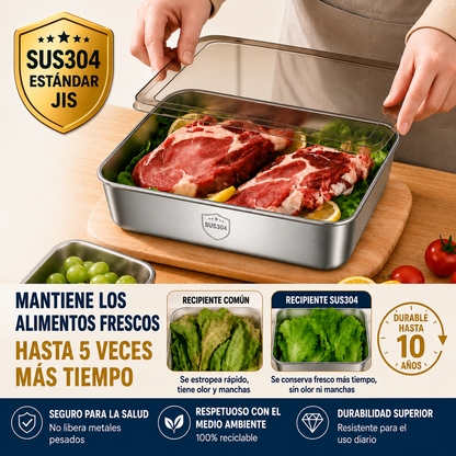Contenedores de acero inoxidable SUS304 | Alimentos frescos por más tiempo (25x20x5cm)