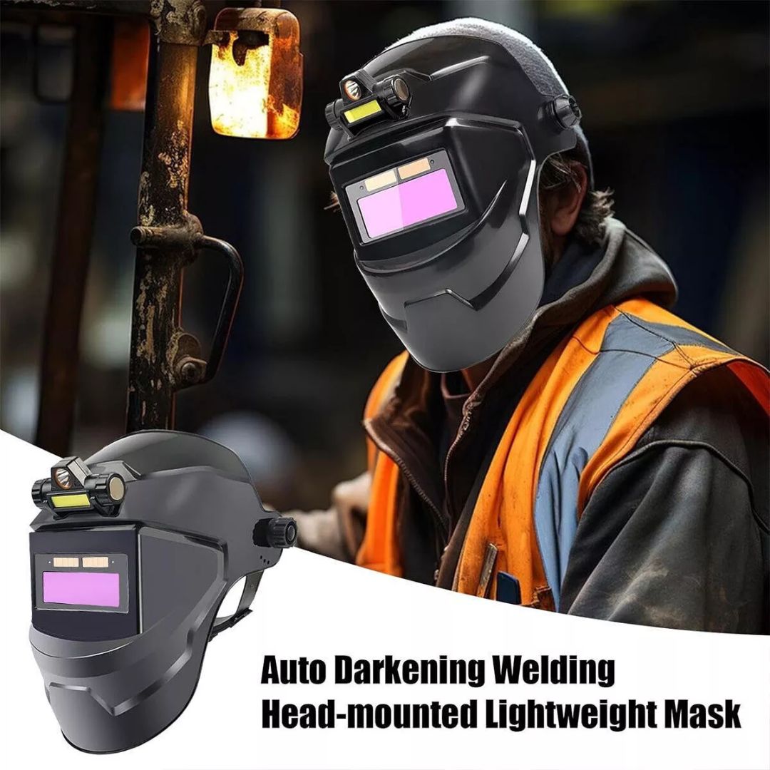 Máscara de Soldadura Automática Oscurecible Premium con Luz LED, Ligera de Cabeza, Protección Ocular Total