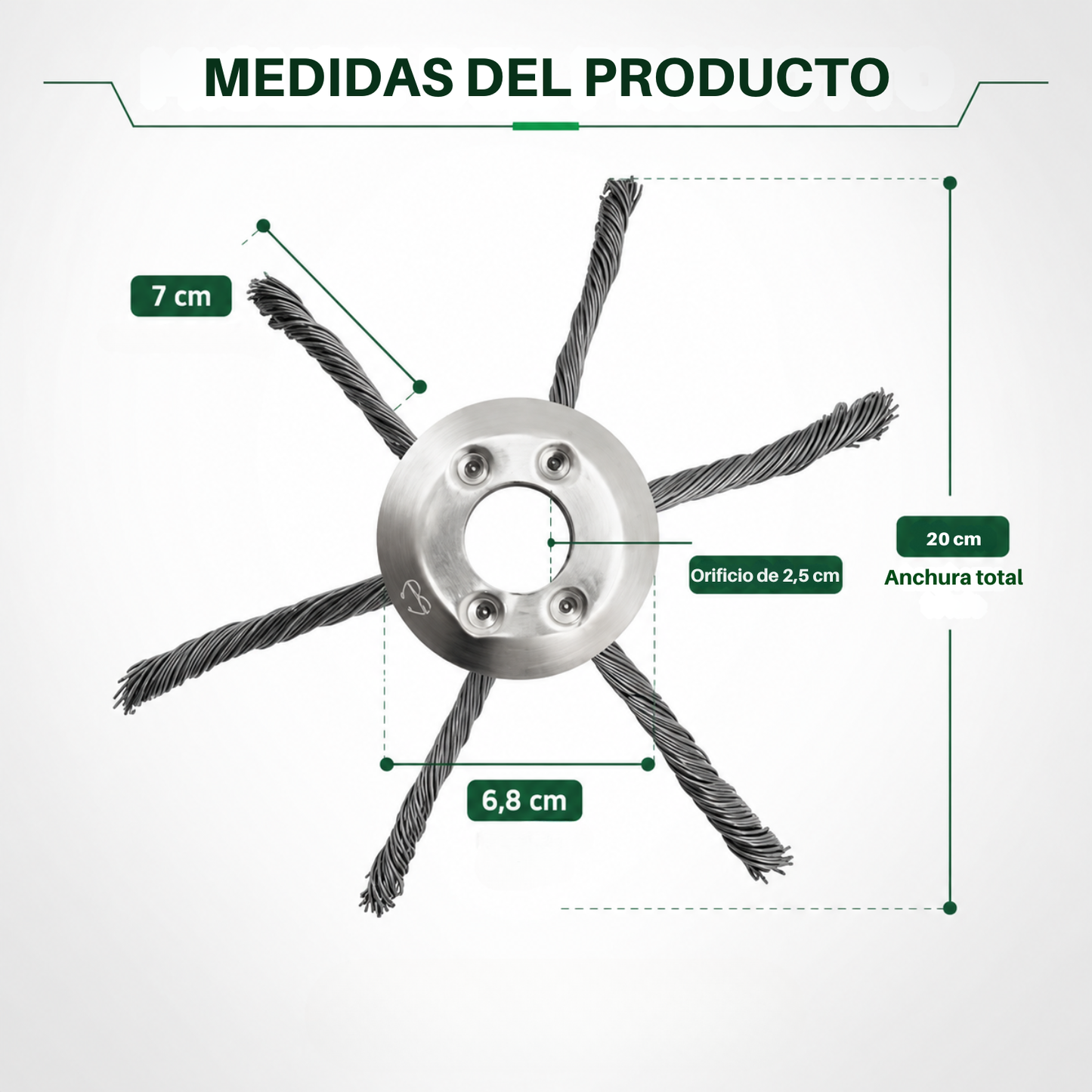 El cabezal para desbrozadora tiene 6 brazos de resistente alambre de acero trenzado.