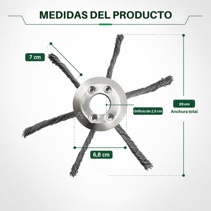 El cabezal para desbrozadora tiene 6 brazos de resistente alambre de acero trenzado.