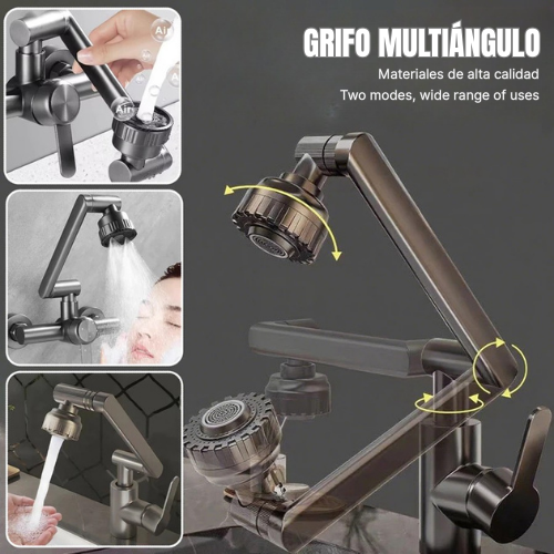Grifo De Lavabo De Latón Plegable Con Una Sola Manija, Que Gira 360° Para Agua Caliente Y Fría, De Color Gris Oscuro E Incluye La Tubería De Agua