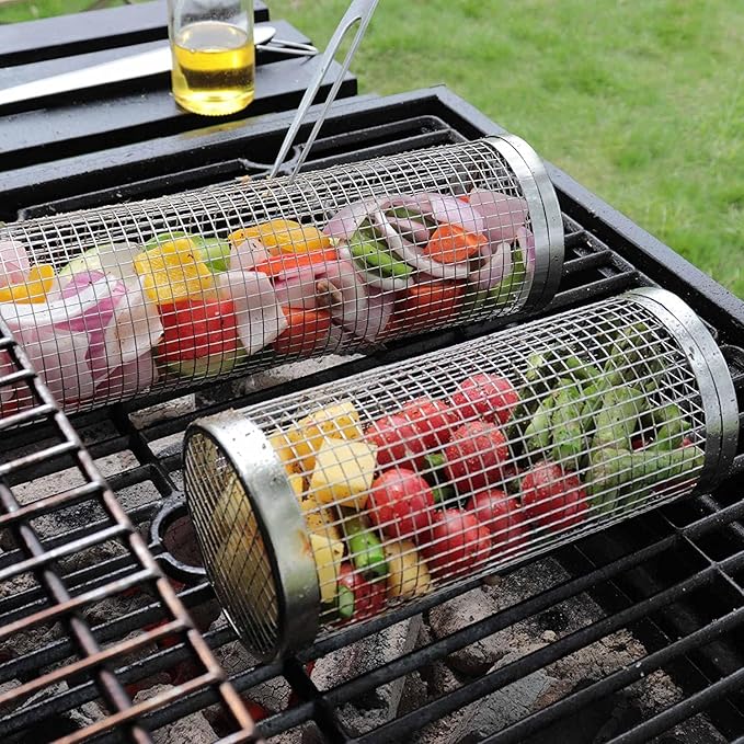 Cesta De Barbacoa De Acero Inoxidable SUS304 Con Rodillo Para Parrillada