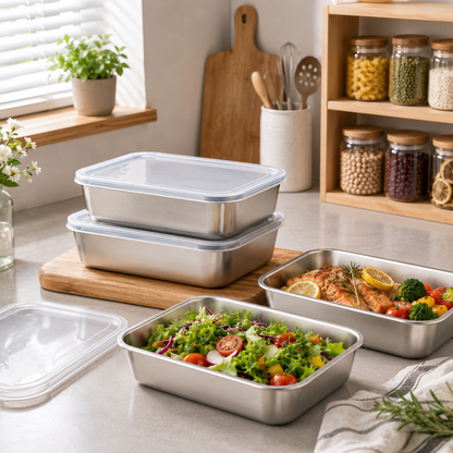 Recipientes inox SUS304 de 2400 ml | Alimentos frescos por más tiempo (25×20×5 cm)