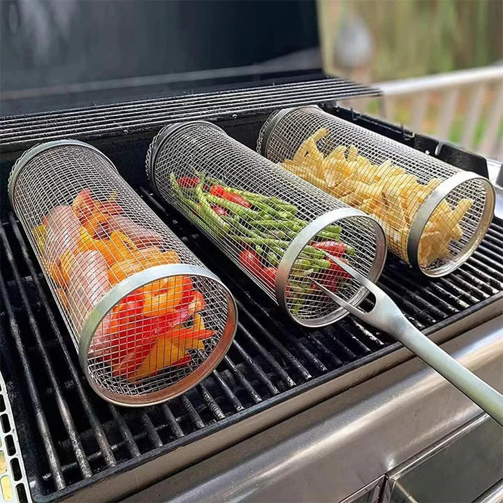 Cesta De Barbacoa De Acero Inoxidable SUS304 Con Rodillo Para Parrillada