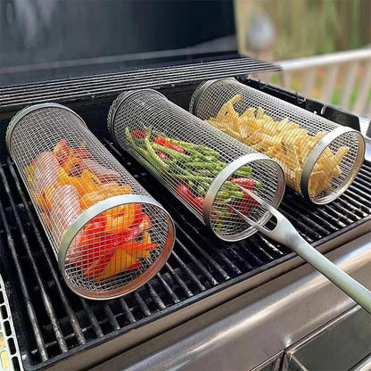 Cesta De Barbacoa De Acero Inoxidable SUS304 Con Rodillo Para Parrillada