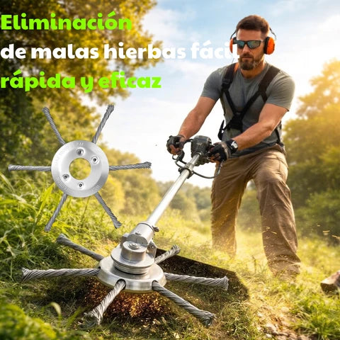 Cabezal de cortacésped de 6 cuchillas fabricado en acero de alta calidad: elimina todo tipo de malas hierbas.