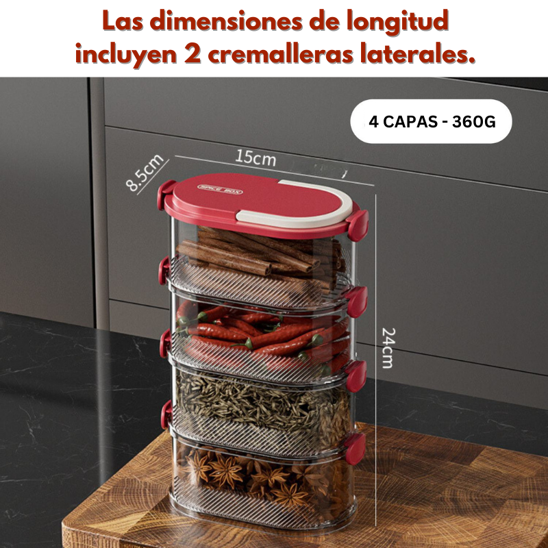 Recipiente transparente apilable para alimentos de 4 pisos con cierre hermético