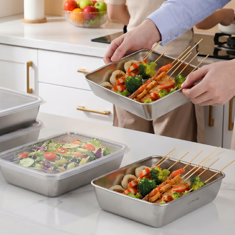 Contenedores de acero inoxidable SUS304 | Alimentos frescos por más tiempo (25x20x5cm)