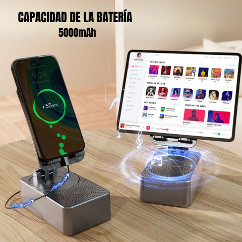 3 en 1, Soporte para teléfono, Altavoz bluetooth, Cargador de respaldo