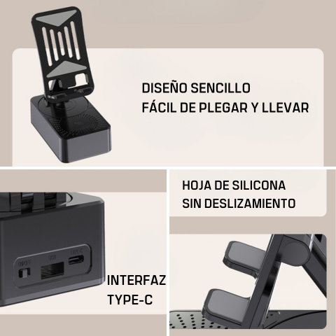 3 en 1, Soporte para teléfono, Altavoz bluetooth, Cargador de respaldo