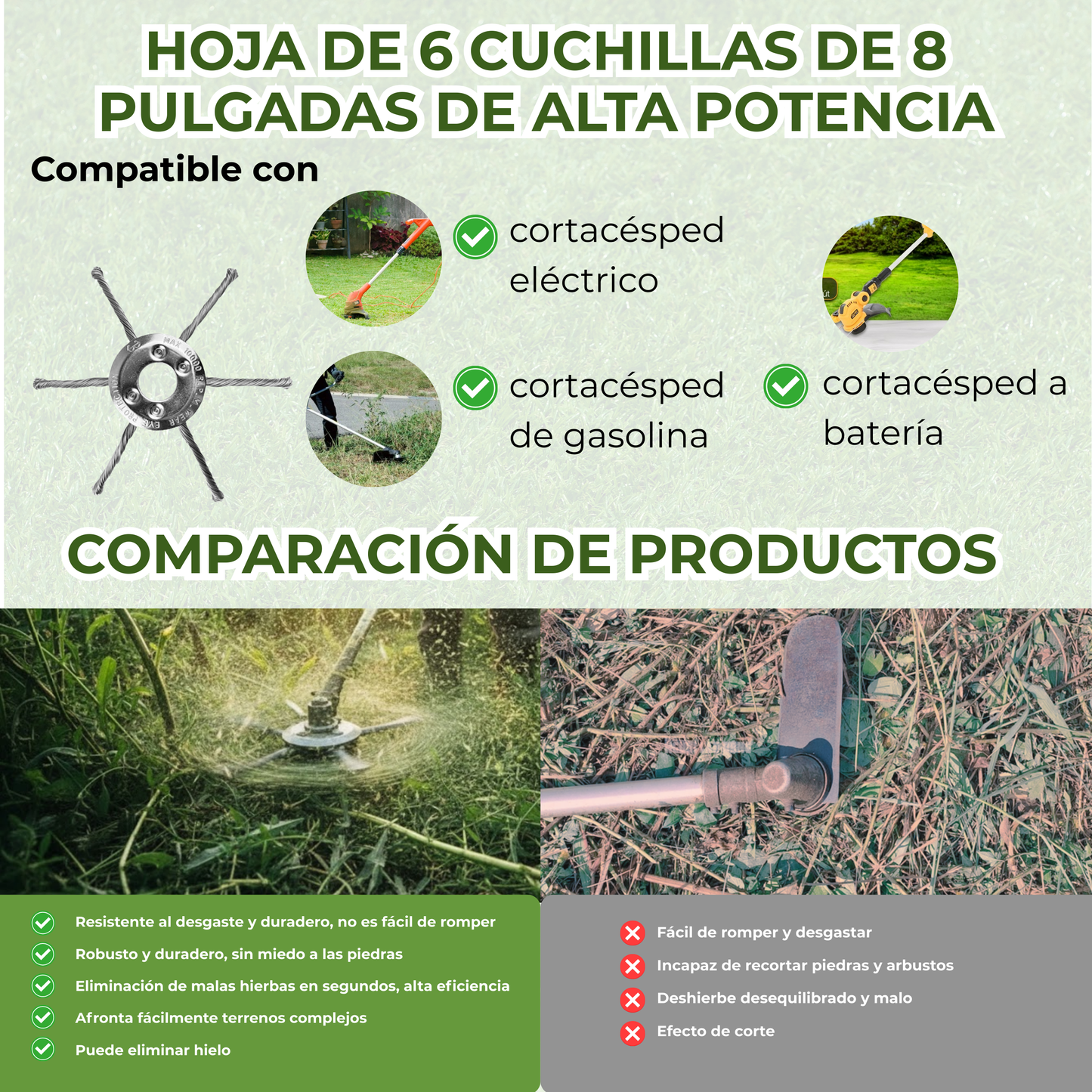 El cabezal del cortacésped tiene 6 ramas tejidas con alambre de acero resistente
