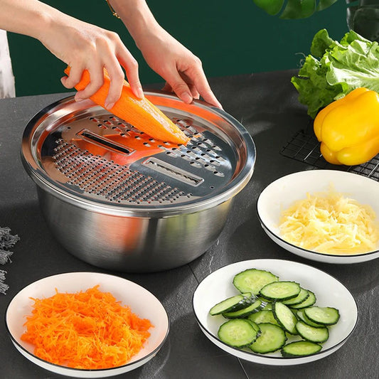 Conjunto 3 en 1 con Bacía de Acero Inoxidable, Escurridor y Cortador/Rallador de Verduras