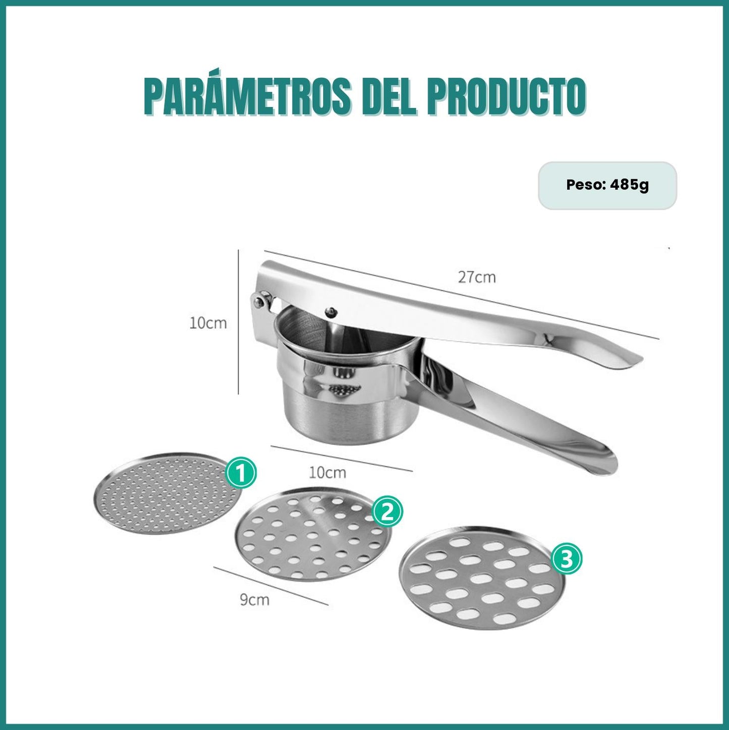 Rallador De Patatas, Machacador Manual De Acero Inoxidable Con 3 Discos Intercambiables