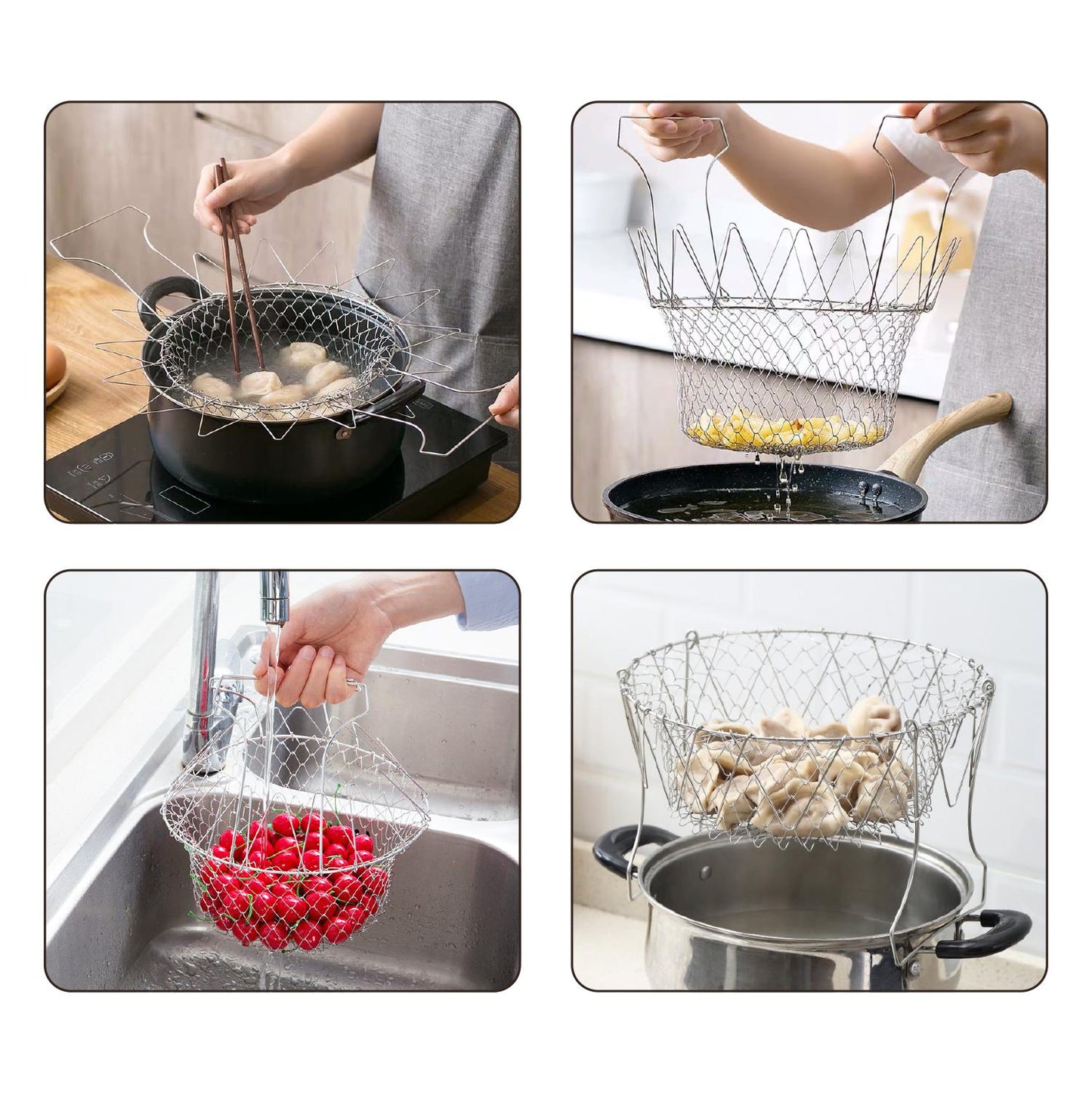 3Pcs Plegable Aclarar Freír Cesta Colador Colador De Malla Cocina Herramientas