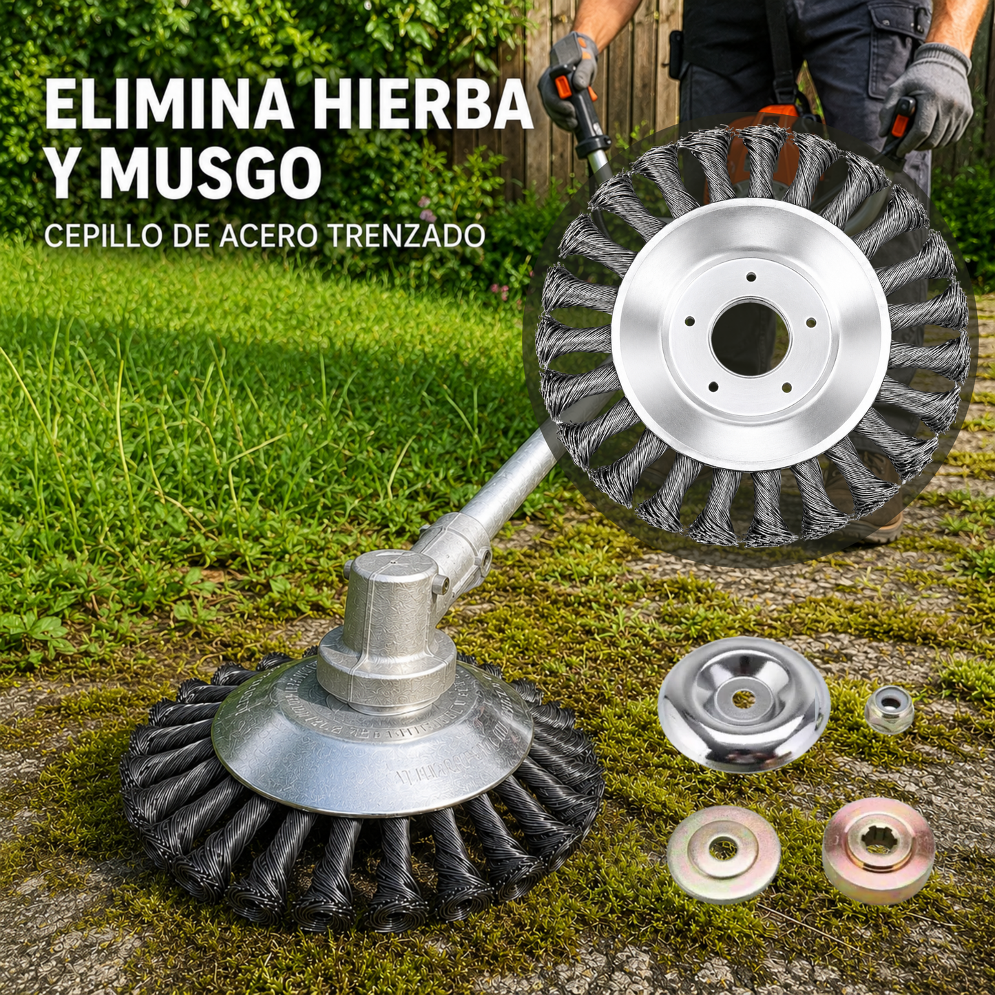 Hoja de Corte de Césped de Alambre de Acero Súper Resistente 360° (Incluye Kit de Adaptadores)