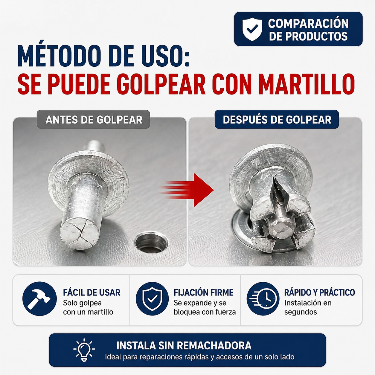 Remache de Impacto sin Remachadora — Fijación Rápida Solo con Martillo | Kit de 50 Unidades