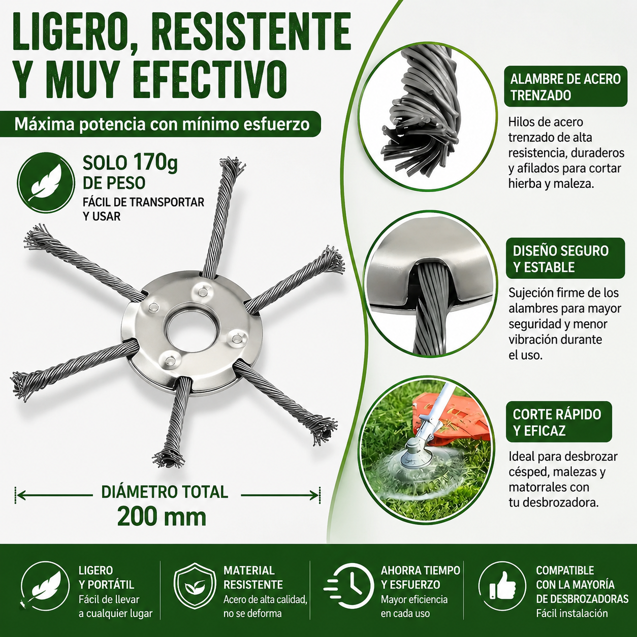 El cabezal del cortacésped tiene 6 ramas tejidas con alambre de acero resistente.