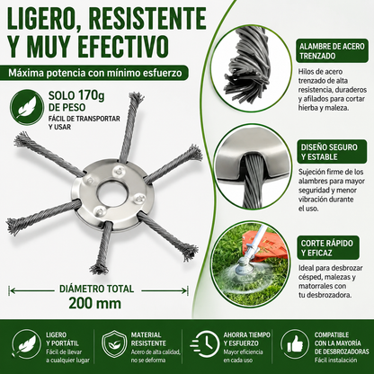 El cabezal del cortacésped tiene 6 ramas tejidas con alambre de acero resistente.