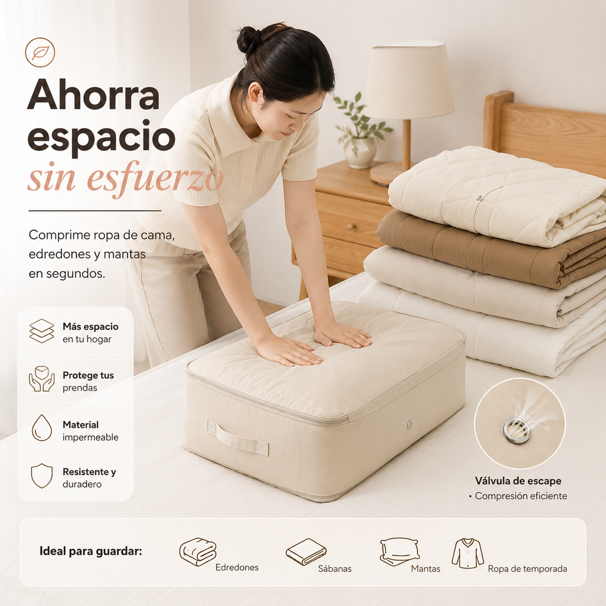 Bolsas Organizadoras de Compresión Automática para Edredones, Ropa, Mantas, Impermeables y a Prueba de Humedad (54x42x30cm)