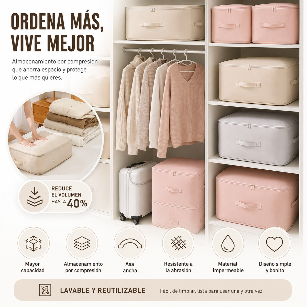 Bolsas Organizadoras de Compresión Automática para Edredones, Ropa, Mantas, Impermeables y a Prueba de Humedad (54x42x30cm)
