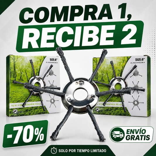 El cabezal para desbrozadora tiene 6 brazos de resistente alambre de acero trenzado.