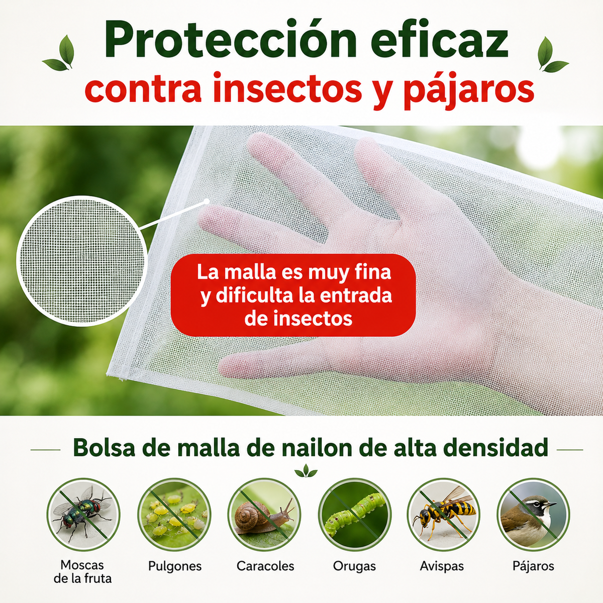 Bolsas de malla transpirables y reutilizables para proteger frutas y verduras – Protección contra insectos, moscas de la fruta y pájaros