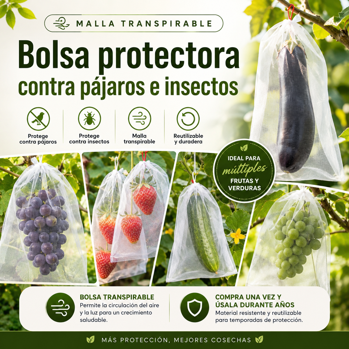 Bolsas de malla transpirables y reutilizables para proteger frutas y verduras – Protección contra insectos, moscas de la fruta y pájaros