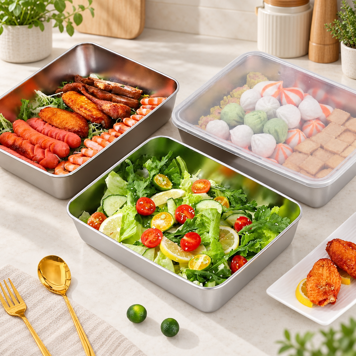 Recipientes inox SUS304 de 2400 ml | Alimentos frescos por más tiempo (25×20×5 cm)