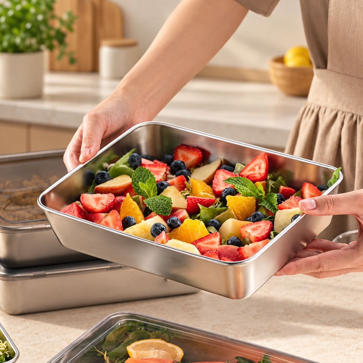 Recipientes inox SUS304 de 2400 ml | Alimentos frescos por más tiempo (25×20×5 cm)