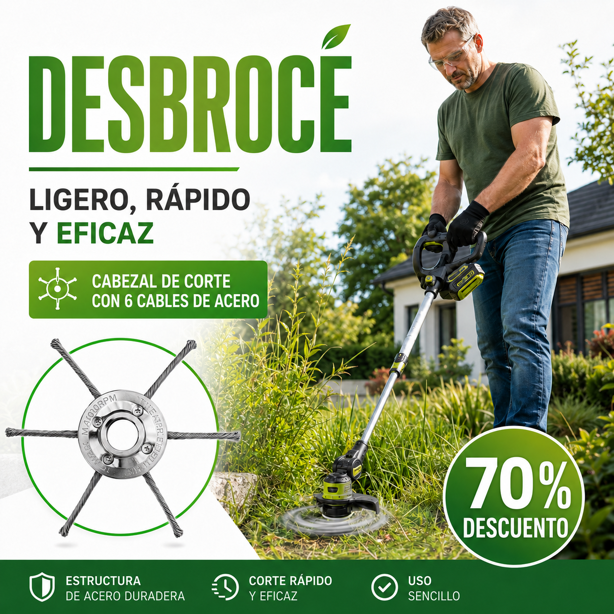 El cabezal del cortacésped tiene 6 ramas tejidas con alambre de acero resistente