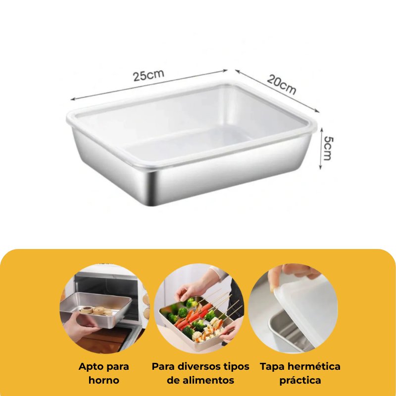 Contenedores de acero inoxidable SUS304 | Alimentos frescos por más tiempo (25x20x5cm)