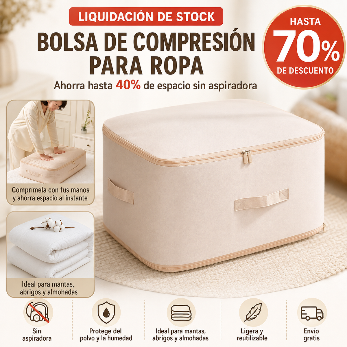 Bolsas Organizadoras de Compresión Automática para Edredones, Ropa, Mantas, Impermeables y a Prueba de Humedad (54x42x30cm)