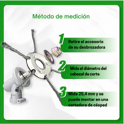El cabezal del cortacésped tiene 6 ramas tejidas con alambre de acero resistente.